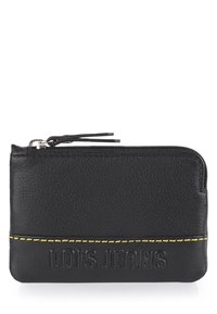 Cartera de cuero negra con superficie texturizada, costuras amarillas y logo en relieve "LOIS JEANS" en el frente. Cierre de cremallera en la parte superior.
