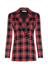 Blazer mit rot-schwarzem Karomuster, doppelter Knopfleiste, Reverskragen und langen Ärmeln mit kontrastierendem schwarzem Rückenteil.