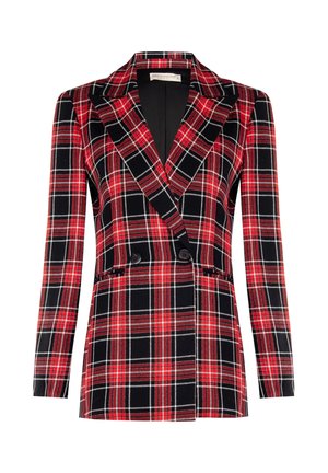 Rood en zwart geruit blazer met een dubbelgeknoopte voorkant, geknipte revers en lange mouwen met een contrasterend zwart achterpaneel.
