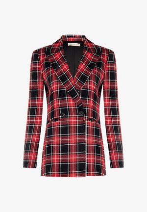 Rood en zwart geruit blazer met een dubbelgeknoopte voorkant, geknipte revers en lange mouwen met een contrasterend zwart achterpaneel.