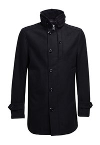 Cappotto in misto lana nero con colletto alto, chiusura con bottoni e tasche laterali. Dettagli notevoli includono bottoni decorativi sulle maniche.