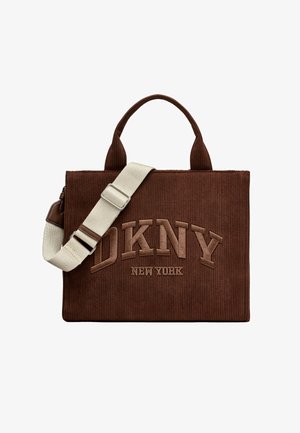 Brown corduroy tote bag with a zip closure, handle, and adjustable shoulder strap. Features embossed "DKNY NEW YORK" logo in a darker shade.