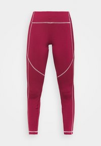 Leggins attillati in un profondo bordeaux con cuciture e pannelli grigi a contrasto. Realizzati in un materiale elastico per comfort e flessibilità.