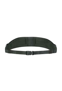 Verstellbarer dunkelgrüner Mesh-Gürtel mit einem breiten gepolsterten Rücken, Kunststoffschnalle und elastischen Bändern an den Enden für einen sicheren Halt.