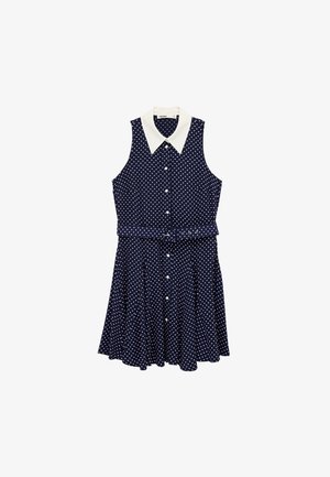 Abito blu navy senza maniche con pois bianchi, colletto bianco a punta, bottoni sulla parte anteriore e cintura in tessuto abbinato in vita.
