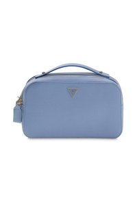 Lichtblauw rechthoekig cosmeticas tasje met een gestructureerd oppervlak, een bovenhandvat en gouden beslag met een driehoekig logo. Ritssluiting.