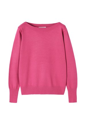 Różowy sweter dzianinowy z szerokim dekoltem, długimi rękawami oraz ściągaczami przy rękawach i na dole. Materiał wydaje się miękki o gładkiej strukturze.