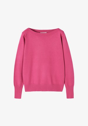 Pull en tricot rose avec un décolleté large, des manches longues et des poignets et un ourlet côtelés. Le matériau semble doux avec une texture lisse.