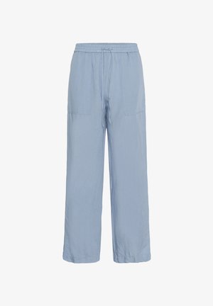 Gaiši zili, platā kāju bikses, izgatavotas no mīksta, teksturēta auduma. Iekļauj elastīgu jostu ar auklu un divām sānu kabatām.