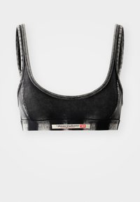 Černý bralet s kulatým výstřihem, vyrobený z hladkého materiálu. Disponuje širokým elastickým páskem s logem a kontrastním švem.
