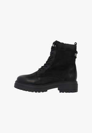Botas de tobillo de cuero negro con acabado texturizado, punta redonda, diseño de cordones y suela rugosa. Incluye un tirador en la parte posterior.
