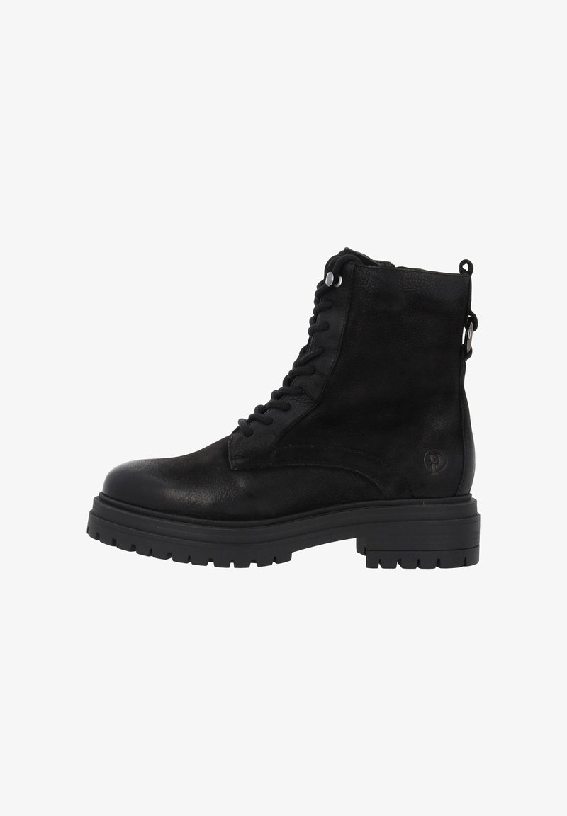 Botas de tobillo de cuero negro con acabado texturizado, punta redonda, diseño de cordones y suela rugosa. Incluye un tirador en la parte posterior.