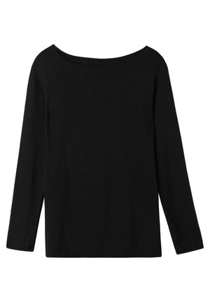 Zwart langmouwtop met een off-shoulder halslijn, gemaakt van zachte katoenen stof, met een relaxte pasvorm en een rechte zoom.