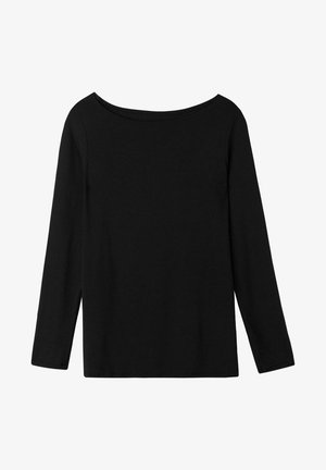 Top negro de manga larga con escote off-the-shoulder, hecho de suave tela de algodón, con un ajuste holgado y un dobladillo recto.