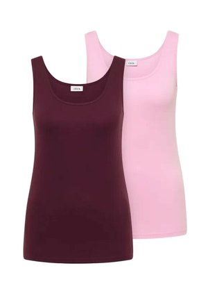 Dwa bezrękawniki z dekoltem w łódkę, jeden w ciemnym fiolecie, drugi w jasnym różu, nałożone na siebie na białym tle.