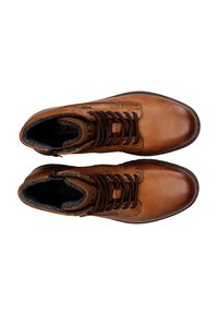 Braune Lederstiefel mit glatter Oberfläche, abgerundeten Zehen, strukturierten Schnürsenkeln und weichem Innenfutter. Seitlicher Reißverschluss für einfachen Gebrauch.