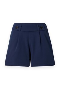 Námořnické modré šortky vyrobené z hladké látky, s dvěma předními sklady, pasem se dvěma černými knoflíky a upraveným střihem.