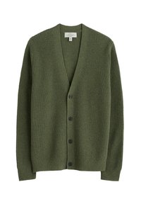 Cardigan tricotat verde cu guler în V, cinci nasturi negri, mansete și tiv cu dantelă, având un model texturat pe întreaga țesătură.
