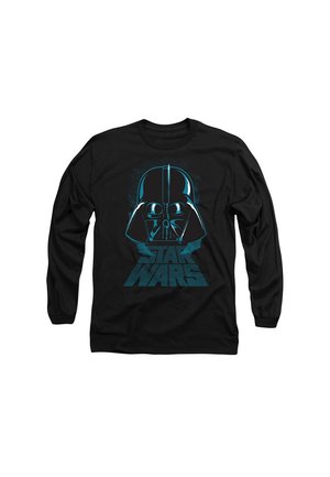 Schwarzes Langarm-T-Shirt mit einem blauen Grafikdesign von Darth Vaders Helm und dem Text "STAR WARS" darunter.