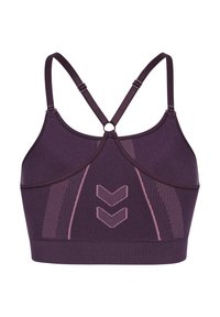 Lila Sport-BH mit Racerback-Design, ausgestattet mit kontrastierenden rosa Chevron- und Linienmustern. Hergestellt aus einem glatten, dehnbaren Material.