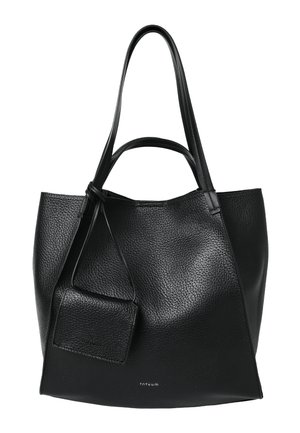 Black textured leather tote bag with long handles and a small attached pouch, featuring subtle brand logo "Tatuum" on front.