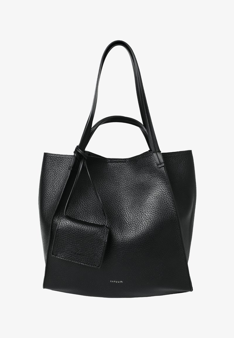 Schwarze Ledertasche mit Struktur, langen Griffen und einer kleinen, angehängten Tasche, mit dezentem Markenlogo "Tatuum" auf der Vorderseite.