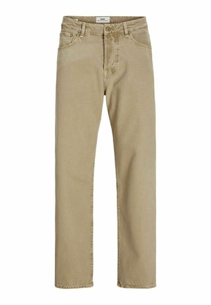 Pantaloni in cotone beige con un design classico a gamba dritta, dotati di tasche frontali e una chiusura con zip. Texture liscia con dettagli di cuciture sottili.