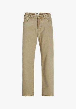 Beige bomuldsbukser med et klassisk lige ben-design, med frontlommer og lynlåsgylf. Glat tekstur med subtile stikhuller.