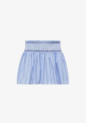 Fustă plisată bleu deschis cu dungi verticale albe, având talie cu elastic și textură moale din bumbac.