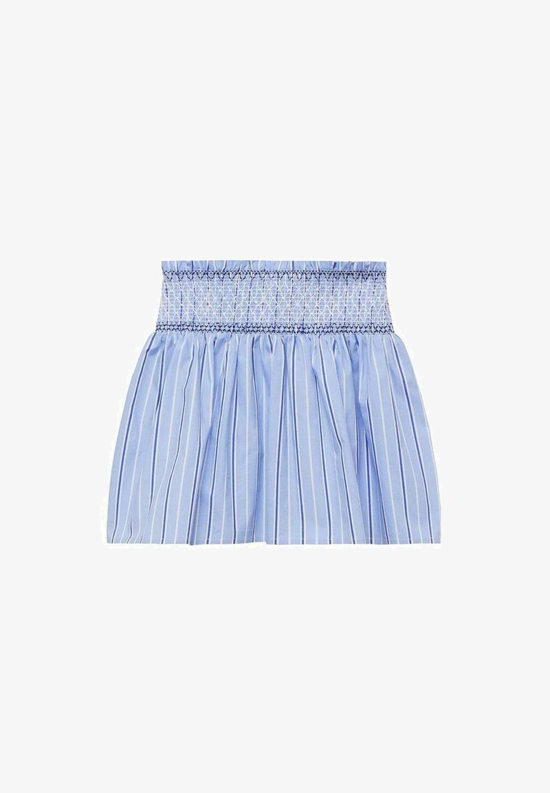Light blue pleated skirt with vertical white stripes, featuring a smocked waist and soft cotton texture.