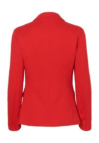 Blazer rouge ajusté avec un revers et une silhouette cintrée. Fabriqué en tissu lisse, avec des détails de couture subtils le long des coutures.