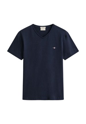 Navy blauwe V-hals T-shirt met korte mouwen, met klein geborduurd logo op de linkerborst en GANT-label binnen in de kraag.