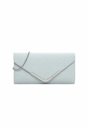 Light blue leather clutch purse with silver V-shaped metal accent and a thin chain strap on a white background.