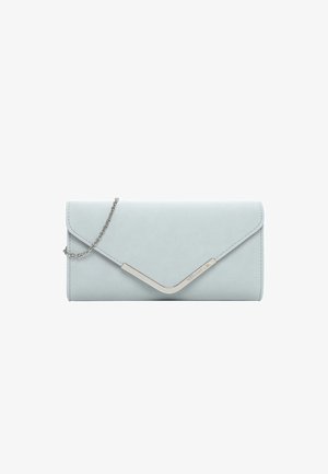 Light blue leather clutch purse with silver V-shaped metal accent and a thin chain strap on a white background.