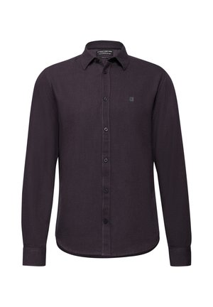 Dunkelviolettes Langarmhemd mit Knopfleiste, einem Kragen und einem kleinen Logo auf der linken Brust. Hergestellt aus strukturiertem Stoff.