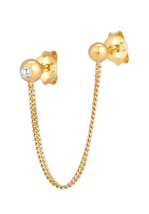Boucle d'oreille chaîne en argent sterling plaqué or avec un petit cristal sur une puce et une boule d’or polie sur l’autre, reliés par une fine chaîne.