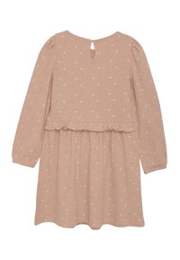 Langärmliges Kleid aus zartem pinkfarbenem Rippstoff mit weißen und grünen Punkten, gerafftem Bund und einer Aussparung im Rücken.