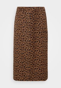 Pennekjole med leopardmønster i nyanser av brunt og svart, med en glatt tekstur, elegant design og rett snitt. Inkluderer lommer.