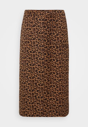 Leopard print pencil skirt in shades of brown and black, featuring a smooth texture, sleek design, and a straight cut. Includes pockets.