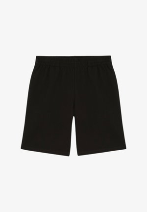 Pantaloni corti neri con elastico in vita realizzati in morbido tessuto, caratterizzati da un taglio dritto e senza motivi o dettagli visibili.