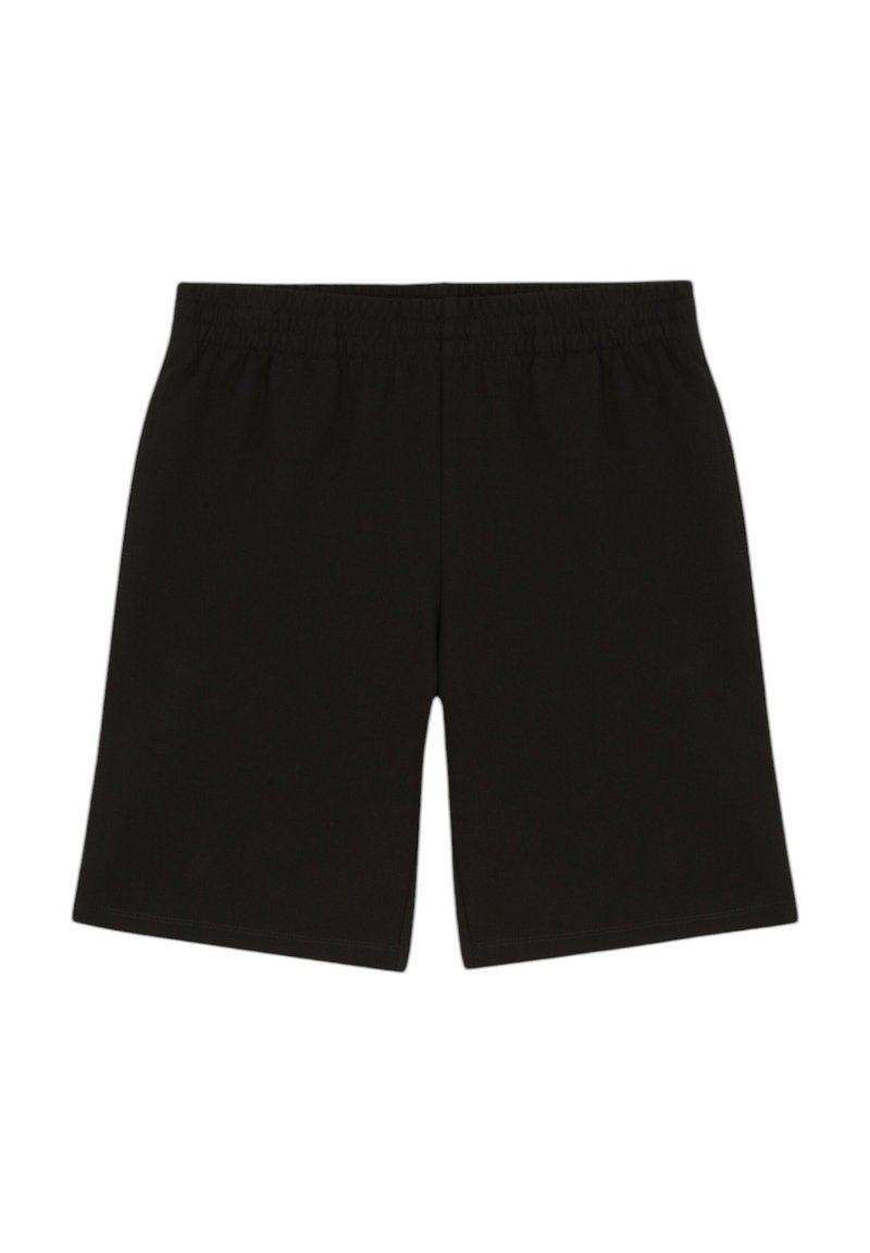 Pantaloni corti neri con elastico in vita realizzati in morbido tessuto, caratterizzati da un taglio dritto e senza motivi o dettagli visibili.