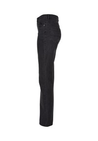 Jeans de mezclilla negra, corte recto, diseño de cinco bolsillos, cinturilla estándar con pasadores para cinturón, textura suave, detalles de costura mínimos.