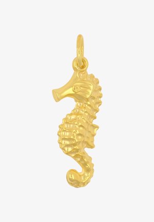 Ciondolo a forma di cavalluccio marino dorato con squame dettagliate, una coda arricciata e una finitura liscia. Presenta un anello per un facile attacco ai gioielli.