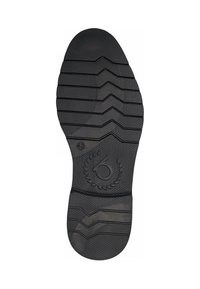 Semelle de chaussure en caoutchouc noir avec grip texturé, motifs en zigzag, un logo "b" avec couronne de laurier, et taille 42 près de la voûte plantaire.