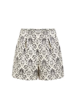 Hvide shorts med høj talje med sort indviklet blomster- og blad mønster, front folder og taljebånd med bæltestropper.