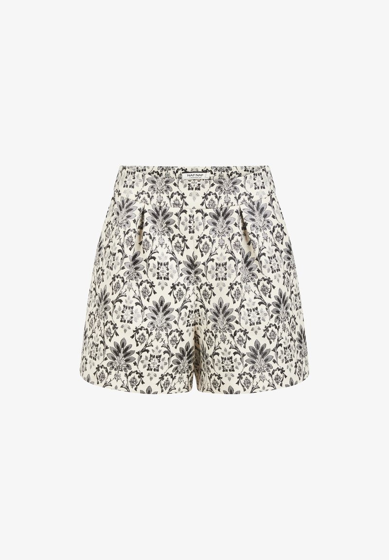 Short blanc taille haute avec un motif floral et feuilles noires complexe, plis devant et ceinture avec passants.