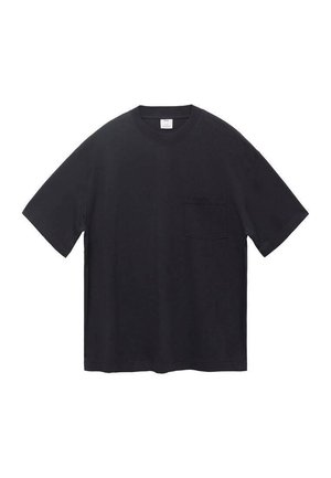 Black cotton t-shirt with short sleeves, round neck, straight cut, and a left chest pocket. Smooth texture with minimal visible seams.