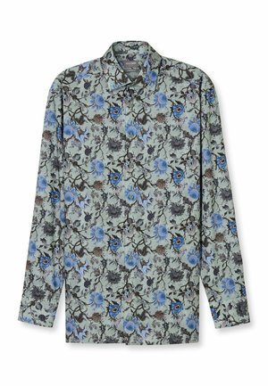 Blumige Langarmbluse in Hellgrün mit blauen und braunen Blumen, mit Button-Down-Kragen und glatter Stoffoberfläche mit Allover-Muster.