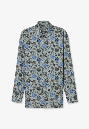 Blumige Langarmbluse in Hellgrün mit blauen und braunen Blumen, mit Button-Down-Kragen und glatter Stoffoberfläche mit Allover-Muster.