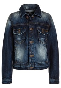 Denim jacket in dark blue with faded details. Features two front pockets, button closure, and a classic collar. Textured fabric with slight distressing.